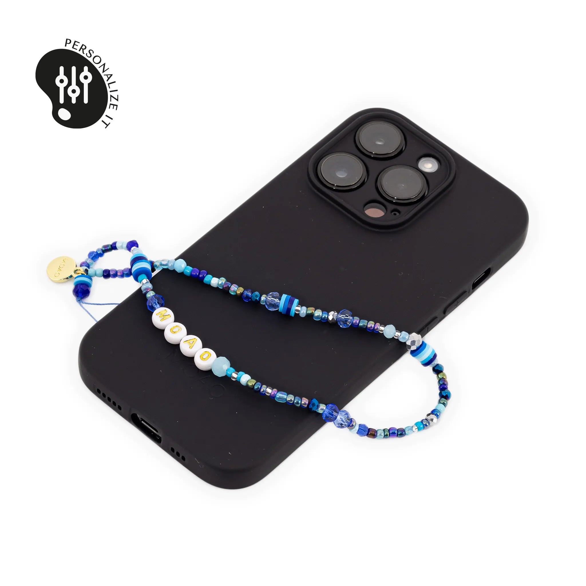 Mobile phone pendant • handmade • with colorful beads & gold accessories